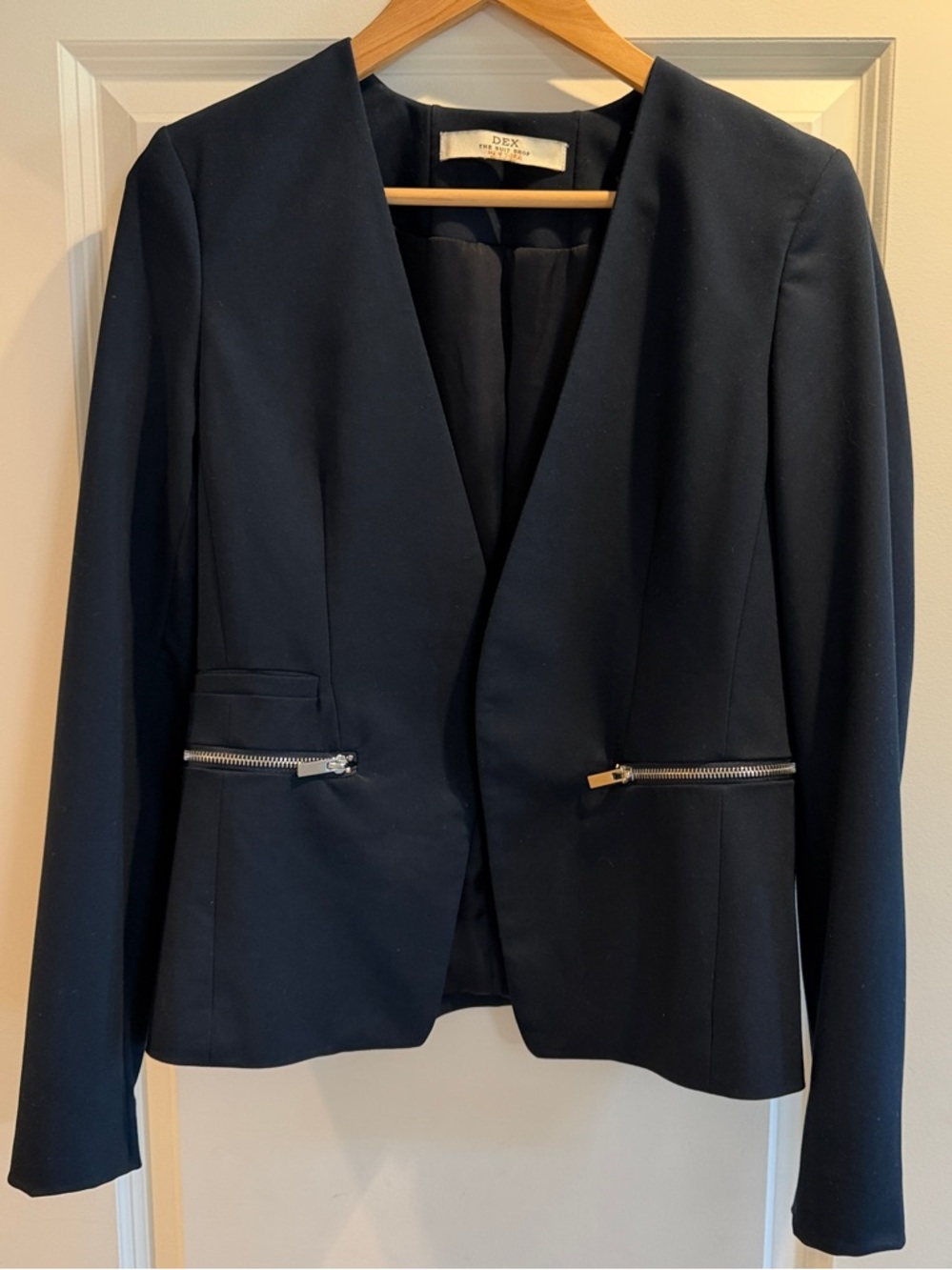 Dex Navy Open-Front Zip-Pocket Tailored Blazer